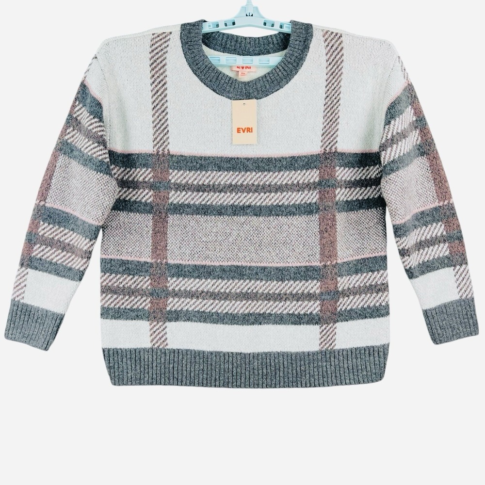 EVRI Women's Gray Pink Plaid Metallic Thread Pullover Sweater Size 0X  14-16 NWT